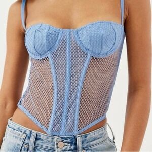 UO OUT FROM UNDER Dusty Blue Fishnet Mesh Bustier Adjustable Corset‎ Top Size S